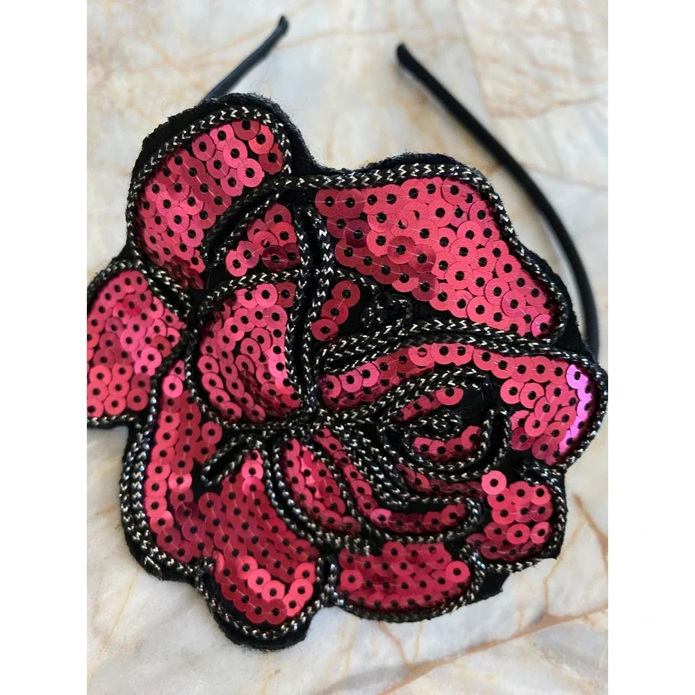 Pink Sequin Rose Statement Headband Black Thin Band Floral Glam Accessory